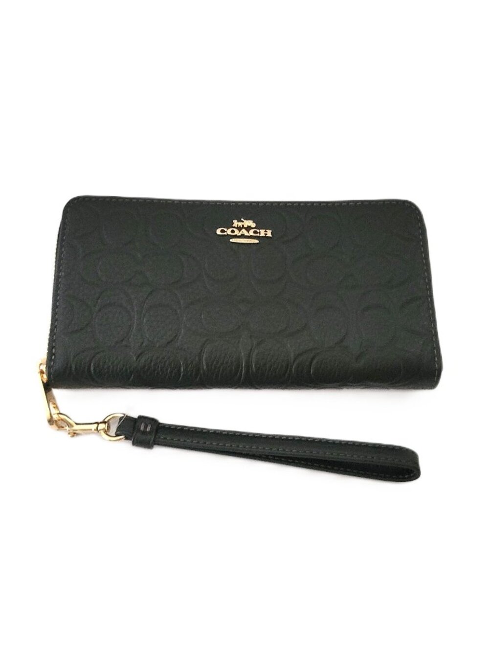 Coach CEW21 Long Zip Around Embossed Signature Leather Wallet Black Clutch